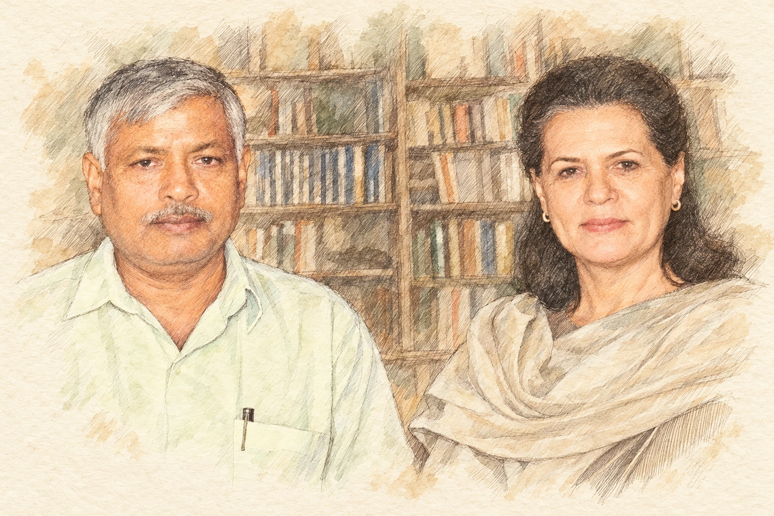श्रीमती सोनिया गांधी जी के साथ स्वर्गीय श्री ईश्वर चन्द्र शुक्ल के मूल छायाचित्र पर आधारित AI रेखांकन